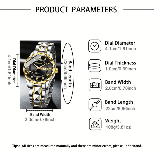 Herren Luxus Business Quarz Uhr mit Edelstahlarmband und goldenem Rand - Verfügt über eine Datumsanzeige, Quarzwerk, elegant für den täglichen Gebrauch, perfekt für Reisen und Urlaubsgeschenke (Batteriebetrieben) - eine ideale Wahl für Business und forme