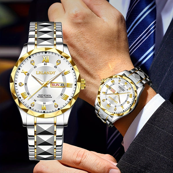 Herren Luxus Business Quarz Uhr mit Edelstahlarmband und goldenem Rand - Verfügt über eine Datumsanzeige, Quarzwerk, elegant für den täglichen Gebrauch, perfekt für Reisen und Urlaubsgeschenke (Batteriebetrieben) - eine ideale Wahl für Business und forme