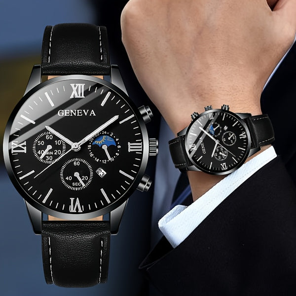 Set mit 3/4 personalisierten Herren-Quarzuhrn für den Freizeitbereich - Mit runder Zifferblattanzeige und Kunstlederarmband, ideal als Geschenkidee für Männer