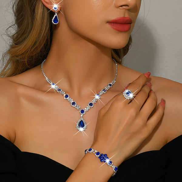 Luxuriöses 4-teiliges Set | Edelstein-Tropfen-Halskette, Ohrringe, Armband und Ring | Perfekt für Hochzeit, Party und Geburtstagsgeschenke | Kupfer mit nickelfreier Plating, Mosaik, Oktober-Geburtssteine | Marke: WLOERINS