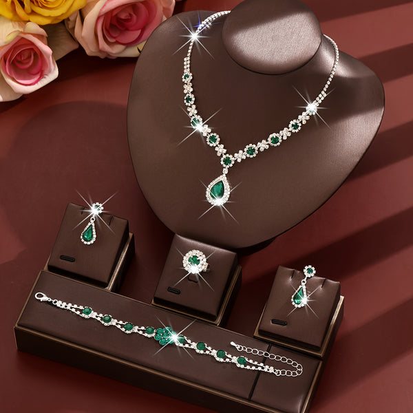 Luxuriöses 4-teiliges Set | Edelstein-Tropfen-Halskette, Ohrringe, Armband und Ring | Perfekt für Hochzeit, Party und Geburtstagsgeschenke | Kupfer mit nickelfreier Plating, Mosaik, Oktober-Geburtssteine | Marke: WLOERINS