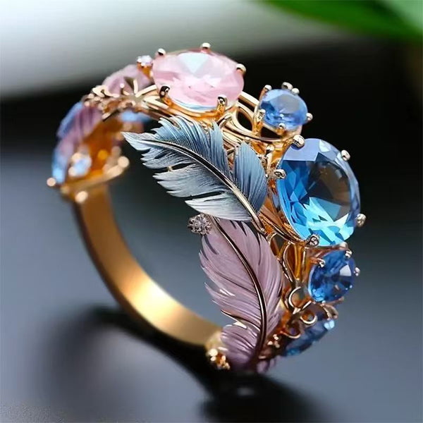 Vintage-Einlage Mehrfarbiger Synthetischer Zirkonia Weinreben-Feder-Ring für Frauen – Täglich, Casual, Bankett, Jubiläum – Einzigartiger Bohemian-Persönlichkeitsring Schmuck Geschenk