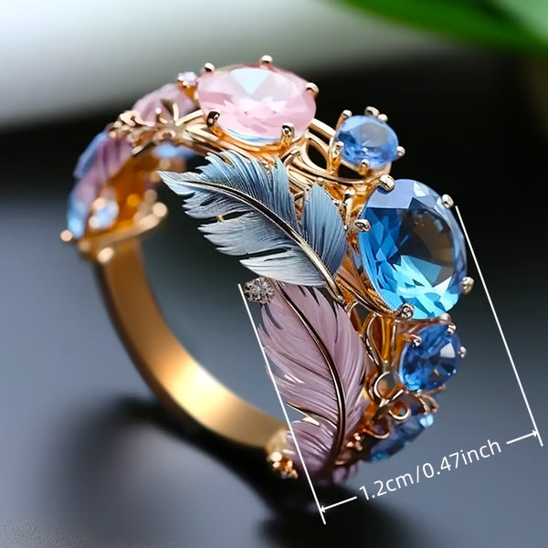 Vintage-Einlage Mehrfarbiger Synthetischer Zirkonia Weinreben-Feder-Ring für Frauen – Täglich, Casual, Bankett, Jubiläum – Einzigartiger Bohemian-Persönlichkeitsring Schmuck Geschenk
