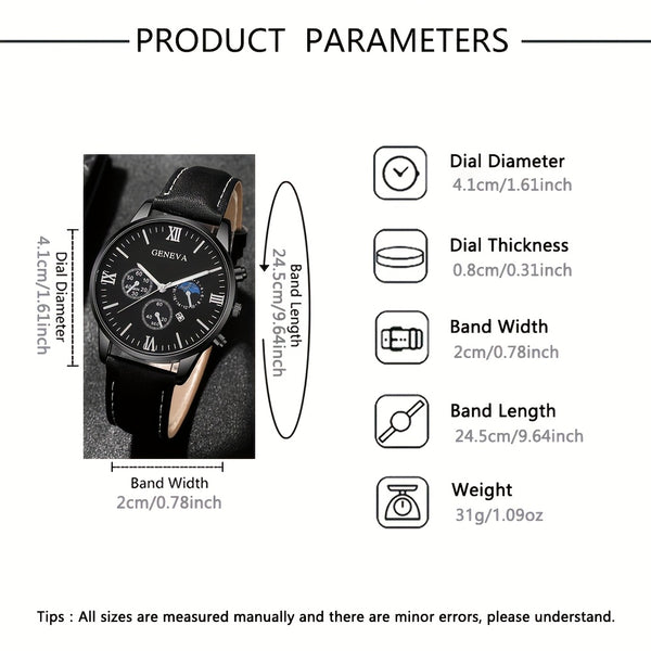 Set mit 3/4 personalisierten Herren-Quarzuhrn für den Freizeitbereich - Mit runder Zifferblattanzeige und Kunstlederarmband, ideal als Geschenkidee für Männer